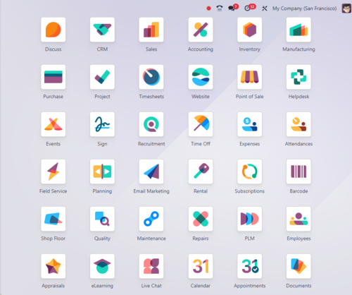 Odoo applications suite — CRM, Accounting, Inventory and 30+ more